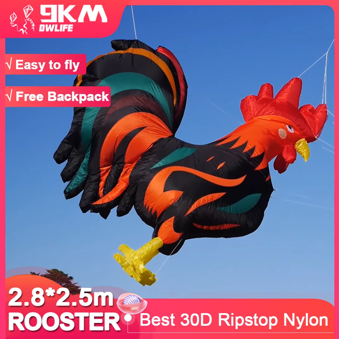 9KM 2.8m2.5m Rooster Kite Line Laundry Pendant Soft Inflatable Show Kite