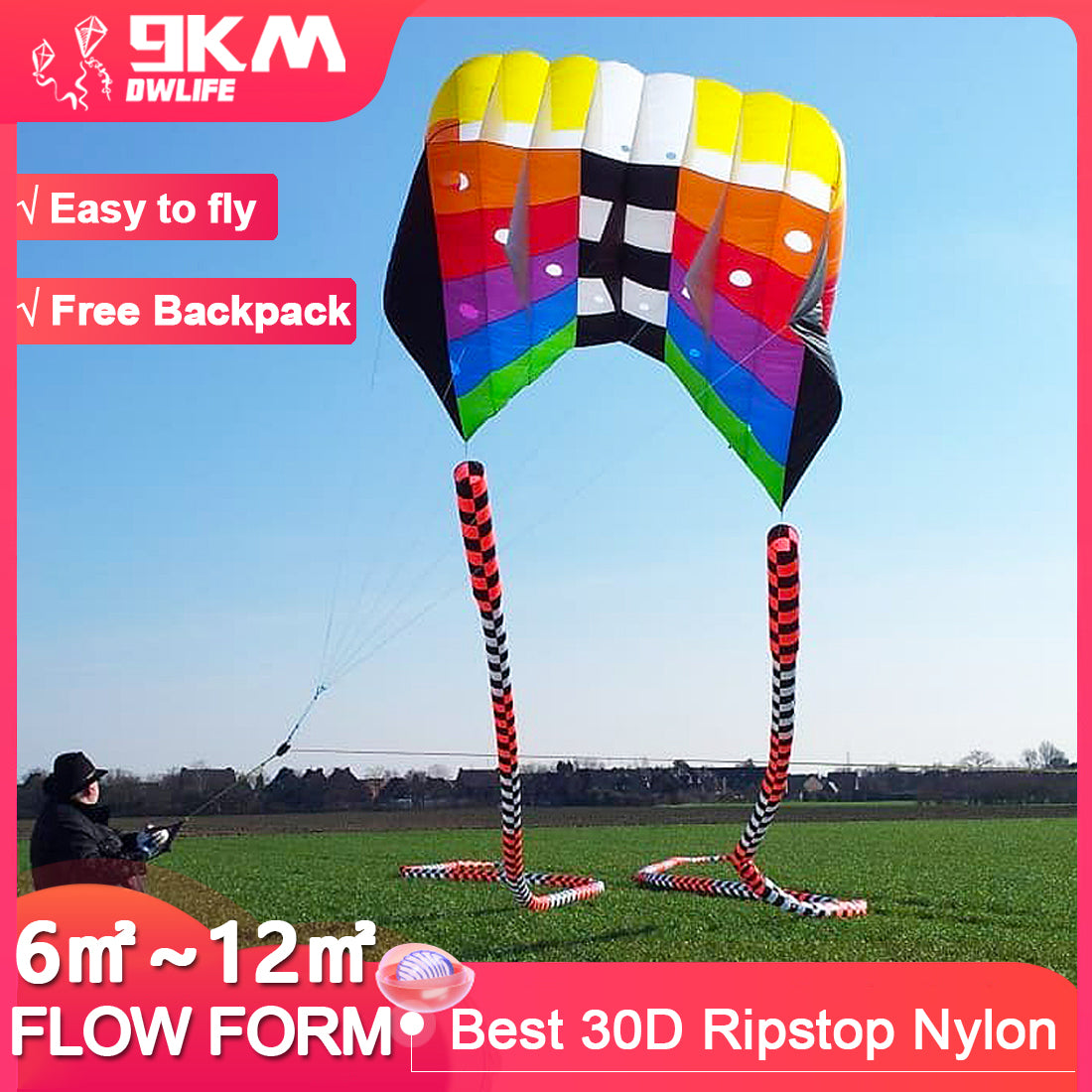 9KM Flow Forms Pilot Lifter Kite 6㎡~12㎡ Single Line Parafoil Kite with Bag