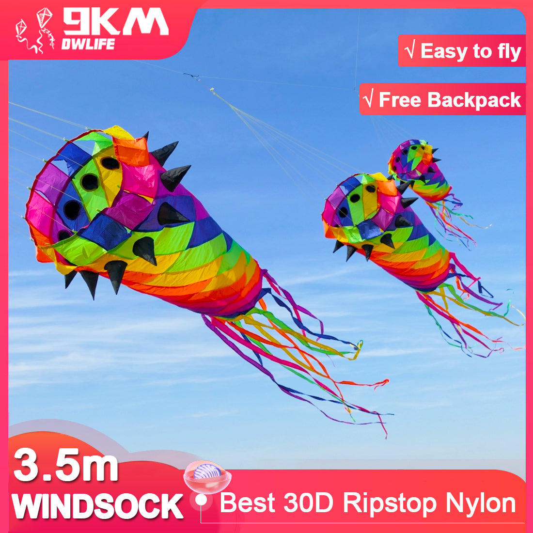 9KM Giant 3.5m Shaped Kite Line Laundry Spinning Windsock Super Turbine