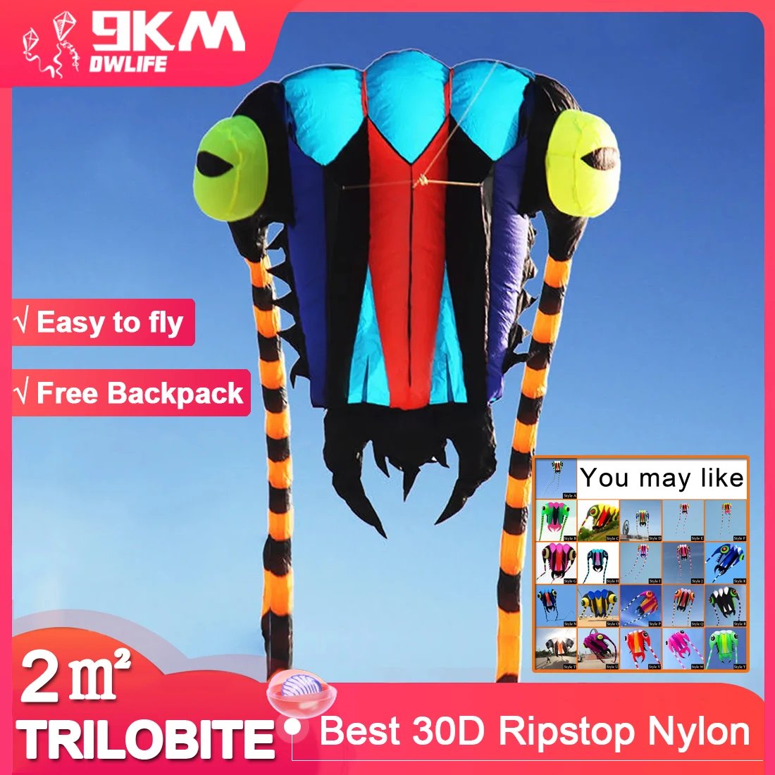 9KM Kite 2㎡ Trilobite Kite 7.45m Soft Inflatable Line Laundry Show Kite 30D Ripstop Nylon Fabric With Swivels & Bag