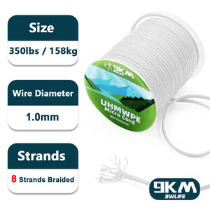 9KM UHMWPE Cord 0.8~1.6mm Hollow Braided Rope Hammock Tarp Tent Rope Kite Line Fishing Climbing Camping Kayak Sailboat 100~750lb