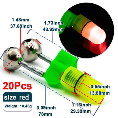 10Pcs Fishing Bells for Rods Bite Bait Alarm Light Clip Night Twin Bells Ring Night Sea Fishing with LED Light Catfishing Tackle