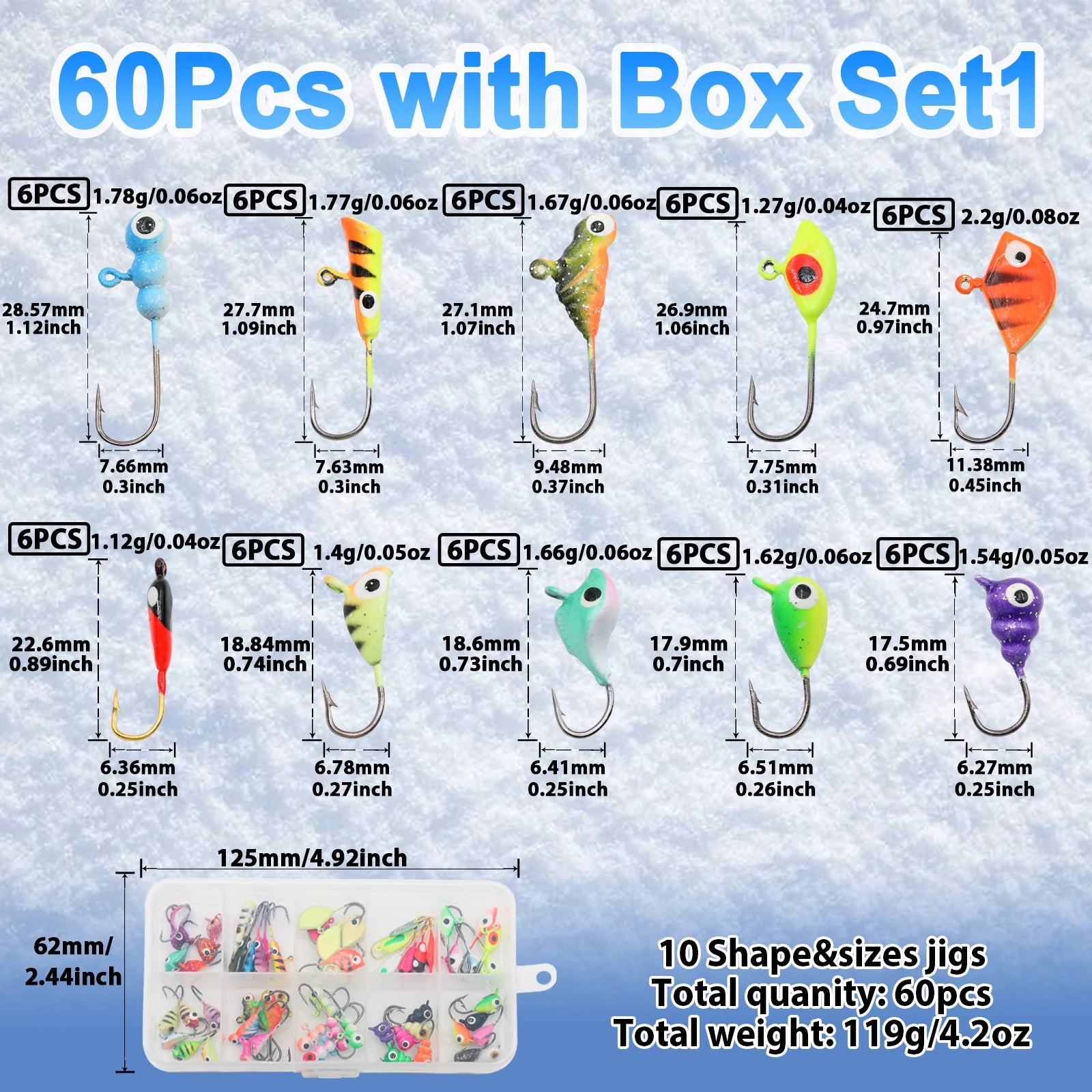 9KM 8Pcs~60Pcs Ice Fishing Jig Set Ice Fishing Lures Micro Jig Head Hook Kit with Box for Freshwater & Saltwater