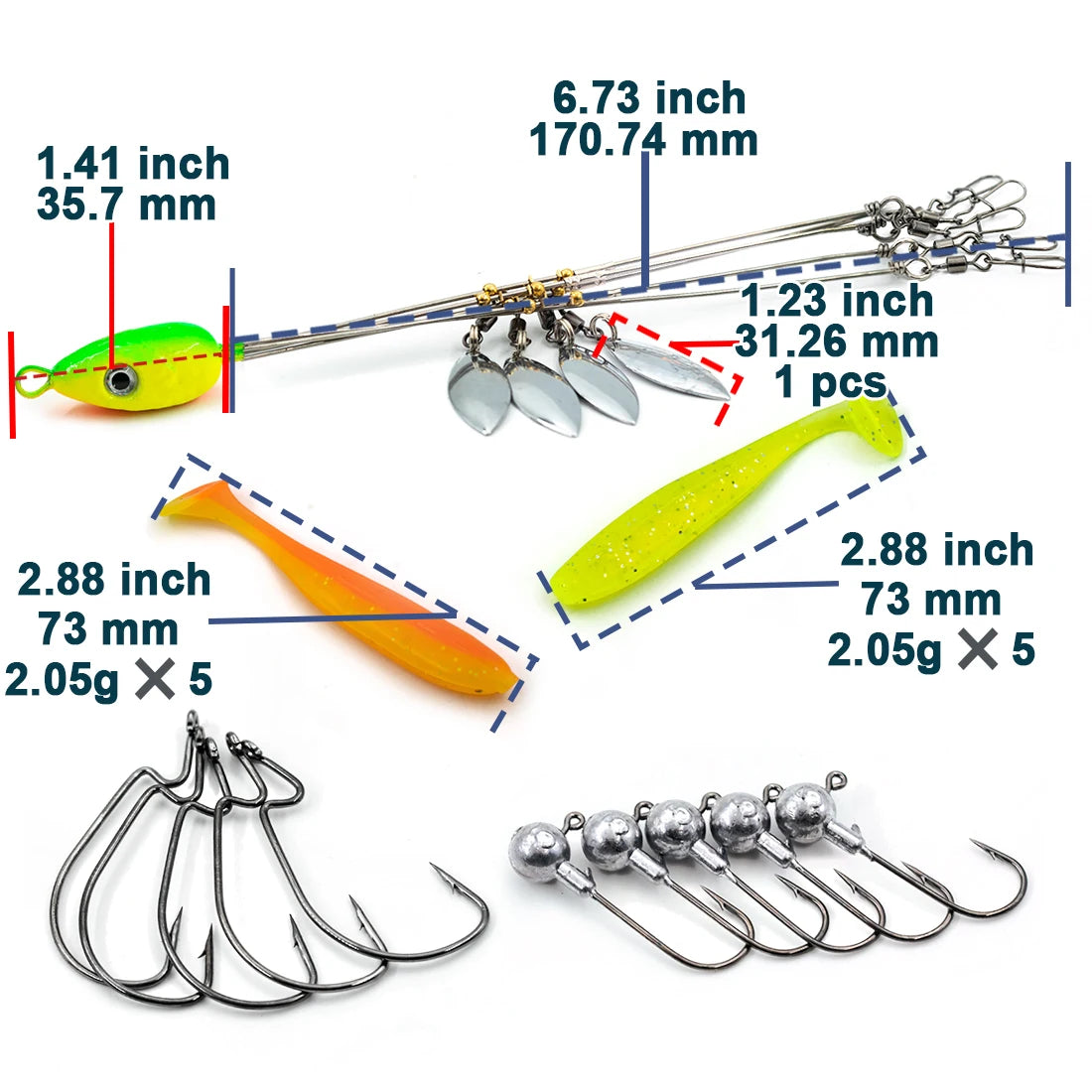 Alabama Rig for Bass Fishing Swimbait Lure Kit Umbrella Rigs Swivels Snap Trout Salmon Tackle Tips+EWG Hooks+T-Tail Soft Lures