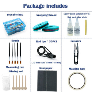 Fishing Rod Tips Repair Kit 30pcs Fishing Pole Tips Replacement Kit Ceramic Ring Rod Guides with AB Glue Wrapping Thread Tape