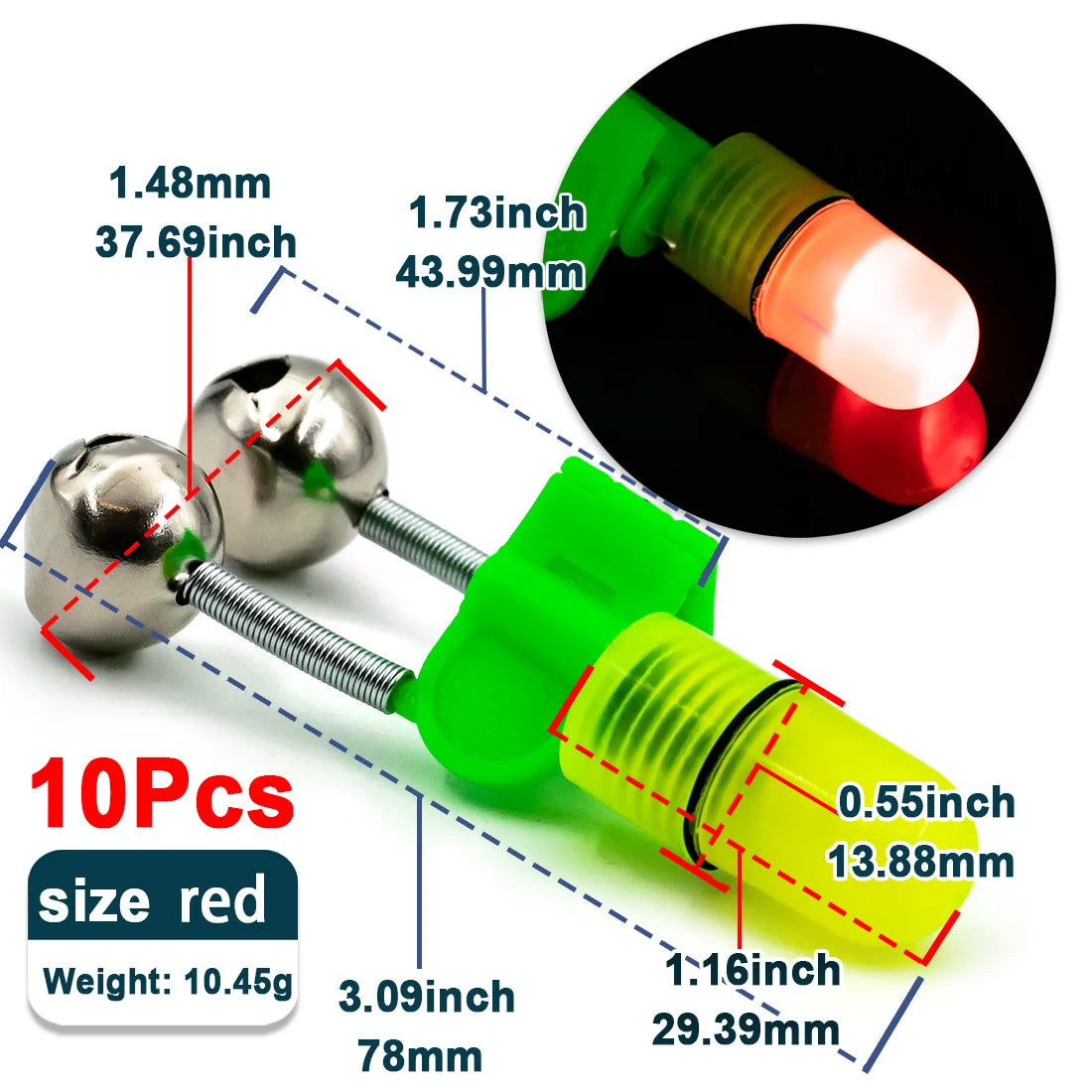 10Pcs Fishing Bells for Rods Bite Bait Alarm Light Clip Night Twin Bells Ring Night Sea Fishing with LED Light Catfishing Tackle