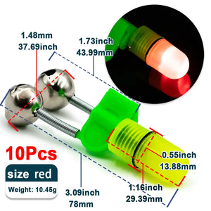 10Pcs Fishing Bells for Rods Bite Bait Alarm Light Clip Night Twin Bells Ring Night Sea Fishing with LED Light Catfishing Tackle