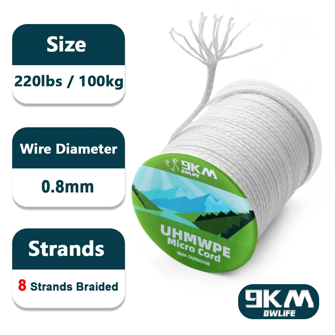 9KM UHMWPE Cord 0.8~1.6mm Hollow Braided Rope Hammock Tarp Tent Rope Kite Line Fishing Climbing Camping Kayak Sailboat 100~750lb