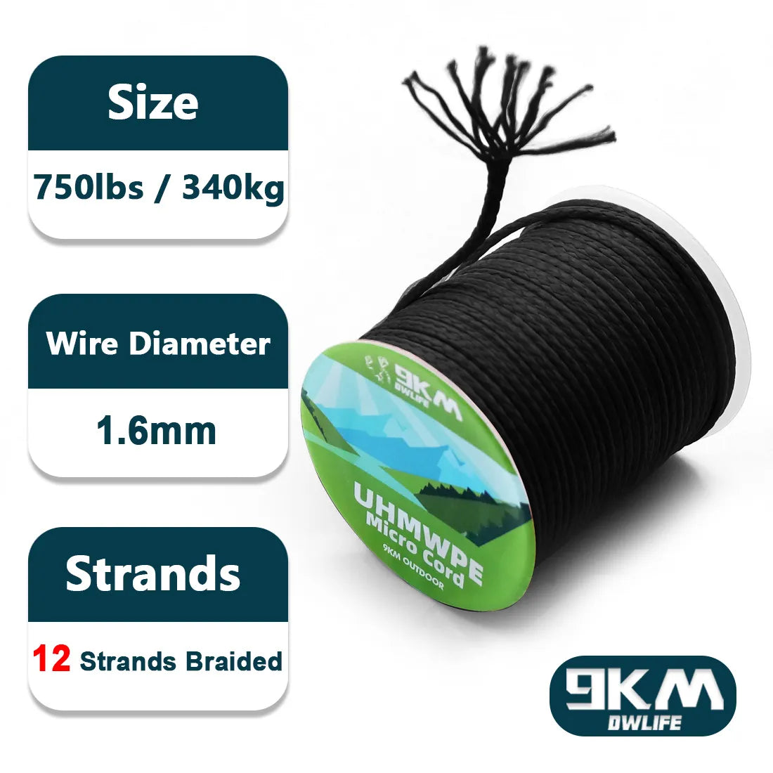 9KM UHMWPE Cord 0.8~1.6mm Hollow Braided Rope Hammock Tarp Tent Rope Kite Line Fishing Climbing Camping Kayak Sailboat 100~750lb