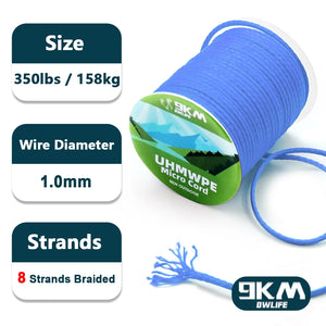 9KM UHMWPE Cord 0.8~1.6mm Hollow Braided Rope Hammock Tarp Tent Rope Kite Line Fishing Climbing Camping Kayak Sailboat 100~750lb