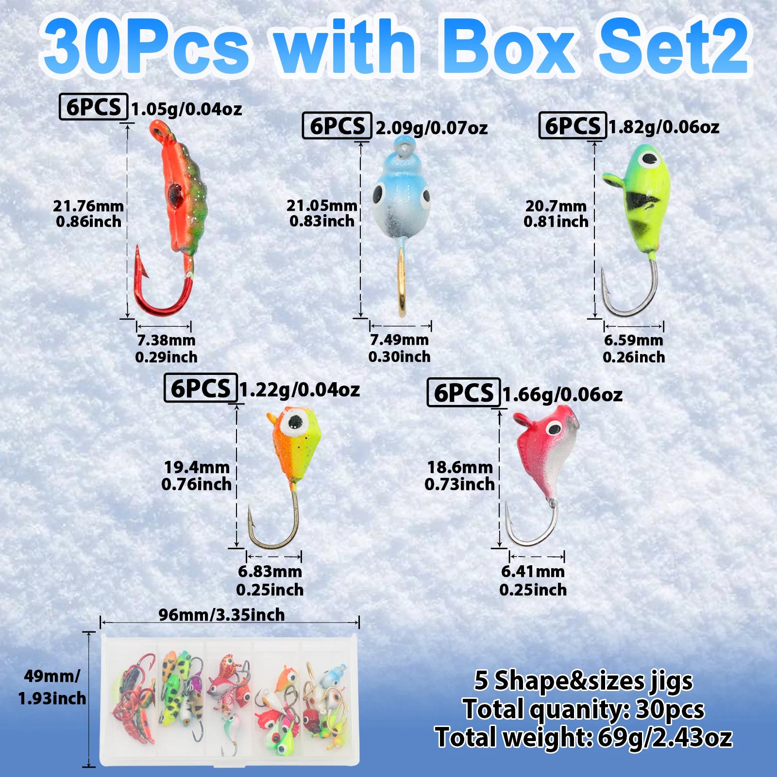 9KM 8Pcs~60Pcs Ice Fishing Jig Set Ice Fishing Lures Micro Jig Head Hook Kit with Box for Freshwater & Saltwater