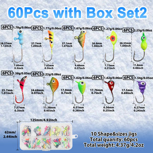 9KM 8Pcs~60Pcs Ice Fishing Jig Set Ice Fishing Lures Micro Jig Head Hook Kit with Box for Freshwater & Saltwater