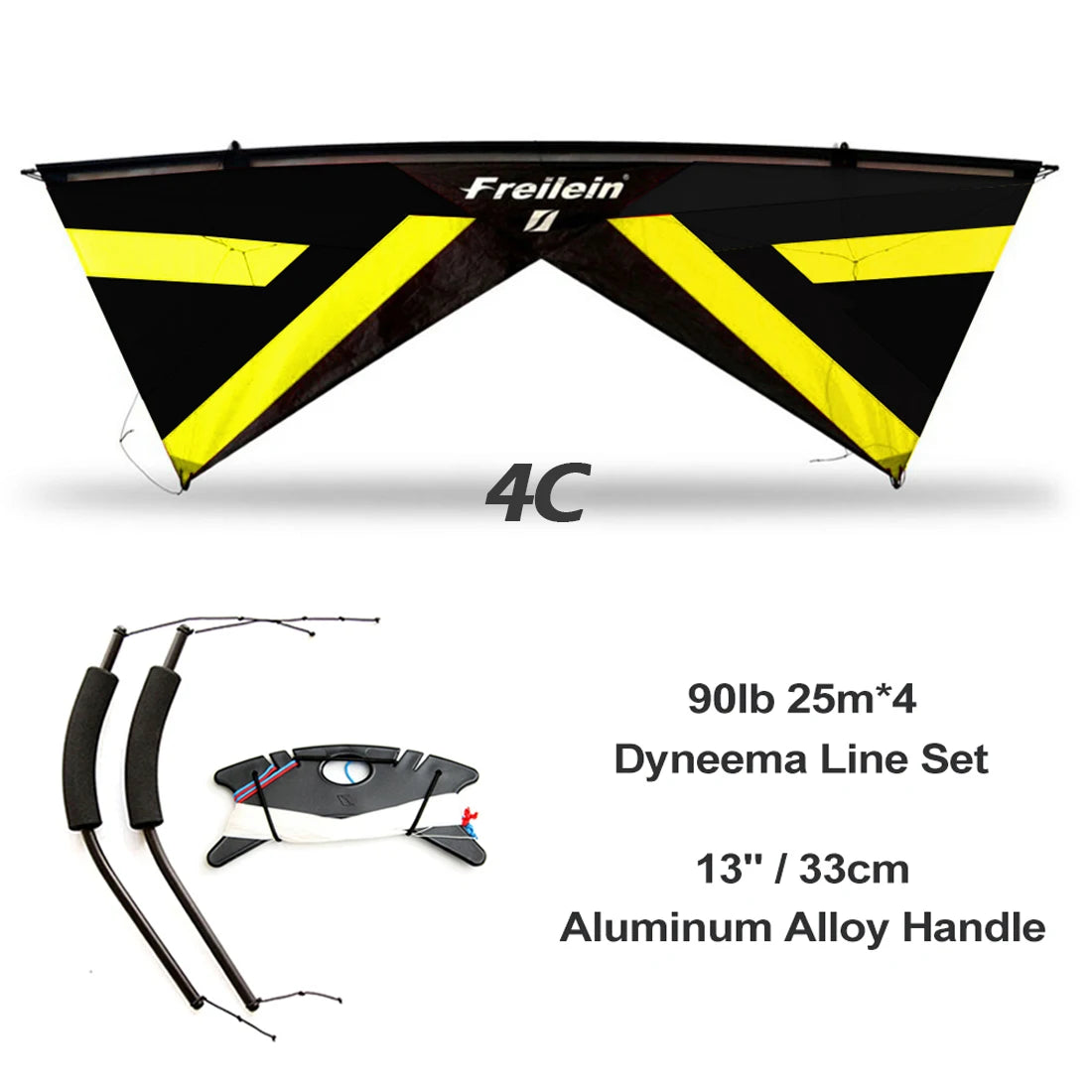 Freilein 2.4m Beginner 4 Line Stunt Kite for Adults Professional Acrobatic Kite PC20 13" Handle + 4x25mx90lb Dyneema Lines + Bag