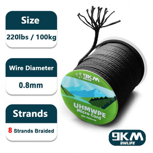 9KM UHMWPE Cord 0.8~1.6mm Hollow Braided Rope Hammock Tarp Tent Rope Kite Line Fishing Climbing Camping Kayak Sailboat 100~750lb