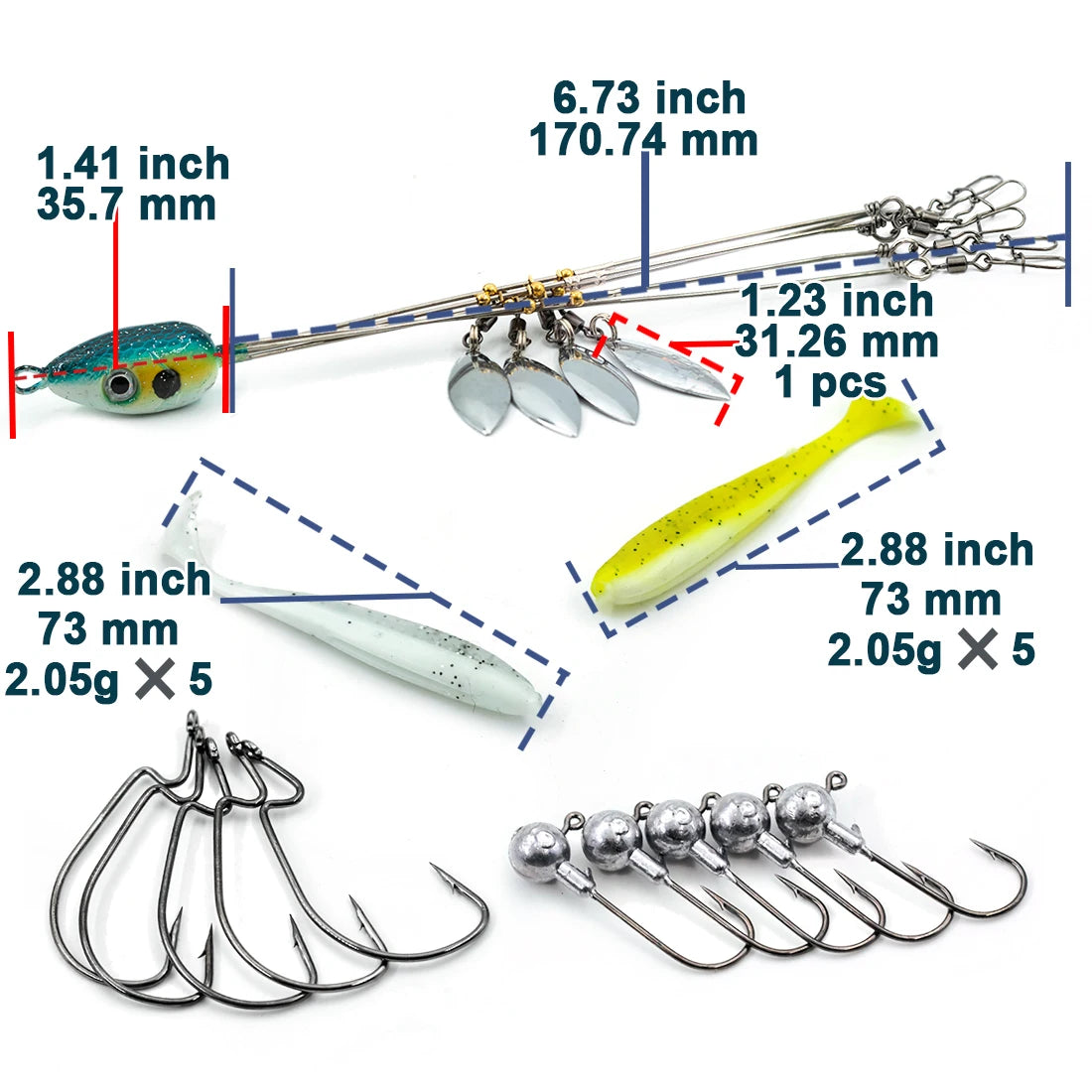 Alabama Rig for Bass Fishing Swimbait Lure Kit Umbrella Rigs Swivels Snap Trout Salmon Tackle Tips+EWG Hooks+T-Tail Soft Lures