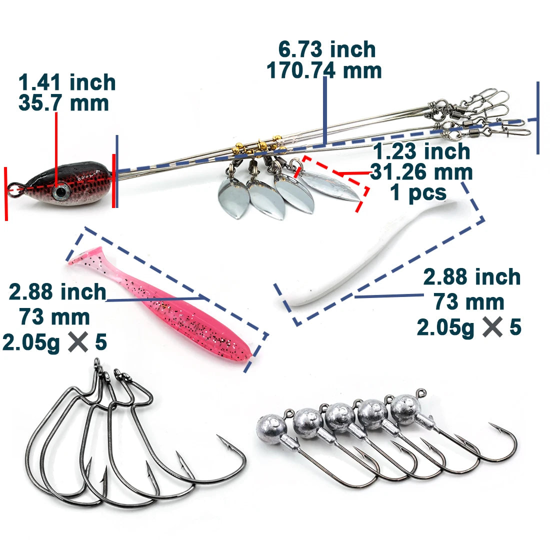 Alabama Rig for Bass Fishing Swimbait Lure Kit Umbrella Rigs Swivels Snap Trout Salmon Tackle Tips+EWG Hooks+T-Tail Soft Lures