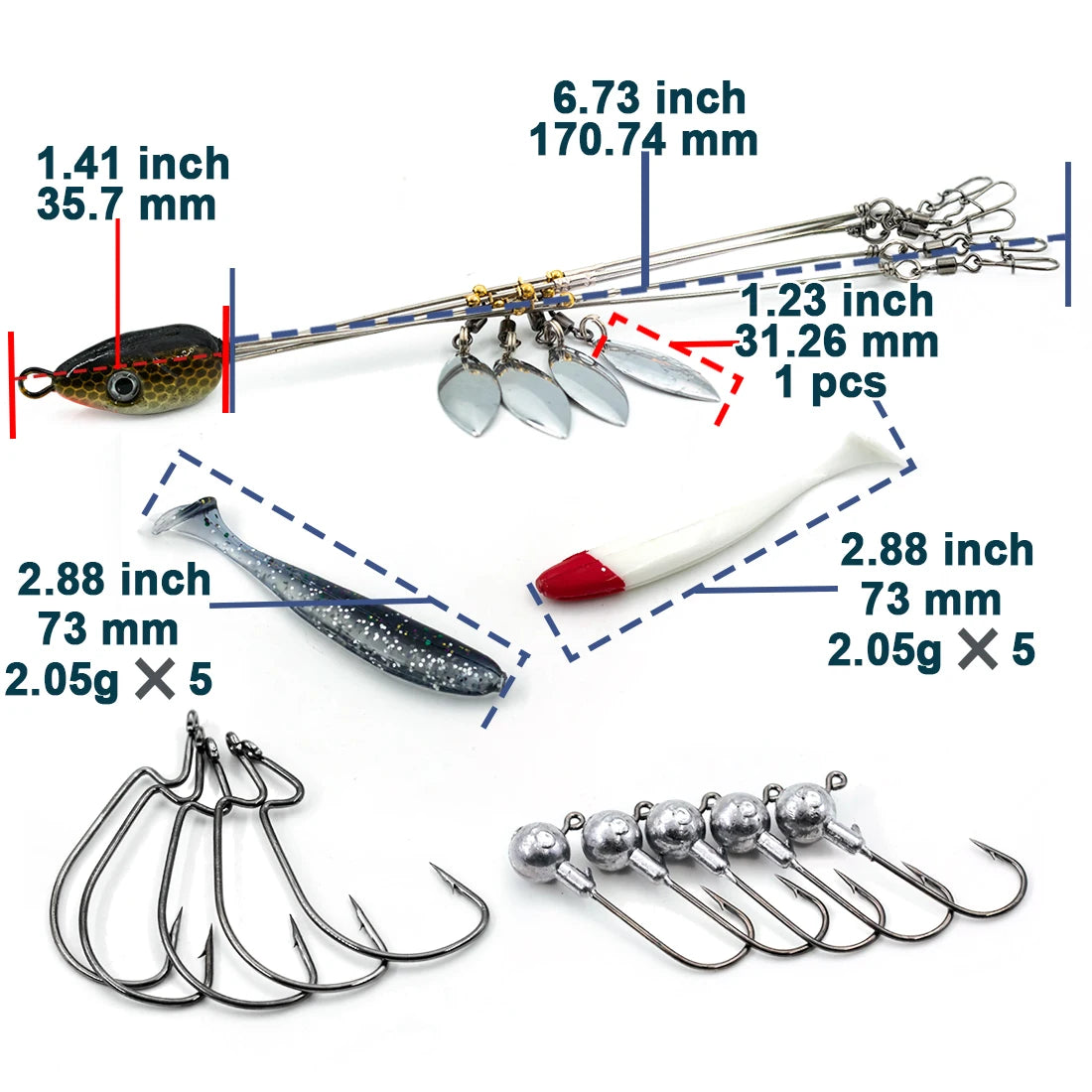 Alabama Rig for Bass Fishing Swimbait Lure Kit Umbrella Rigs Swivels Snap Trout Salmon Tackle Tips+EWG Hooks+T-Tail Soft Lures