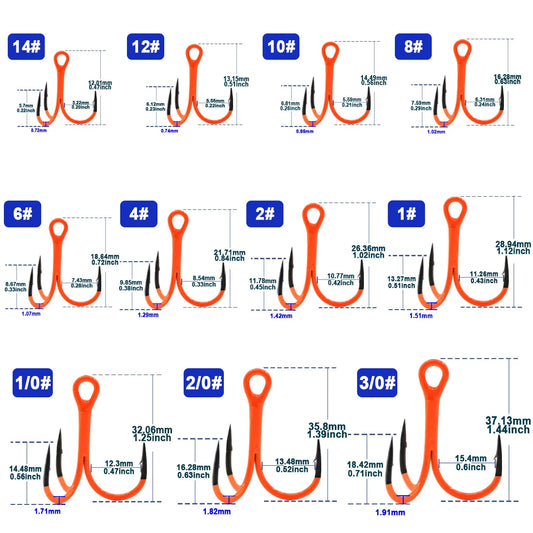 9KM 10Pcs Treble Hooks Triple Hook 2X Strong for Deep Freshwater Applications, Orange Ultra Violet (UV)