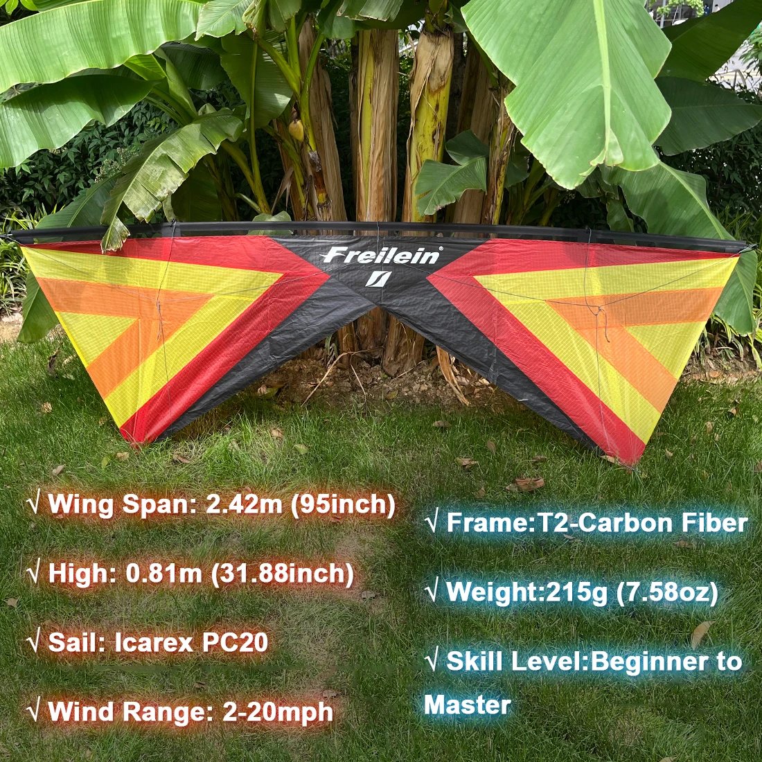 Freilein 2.4m Beginner 4 Line Stunt Kite for Adults Professional Acrobatic Kite PC20 13" Handle + 4x25mx90lb Dyneema Lines + Bag