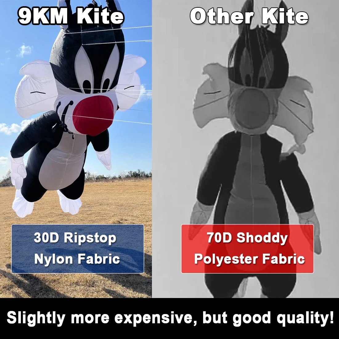 9KM 5m Black Cat Kite Line Laundry Kite Pendant Soft Inflatable Show Kite for Kite Festival 30D Ripstop Nylon with Bag