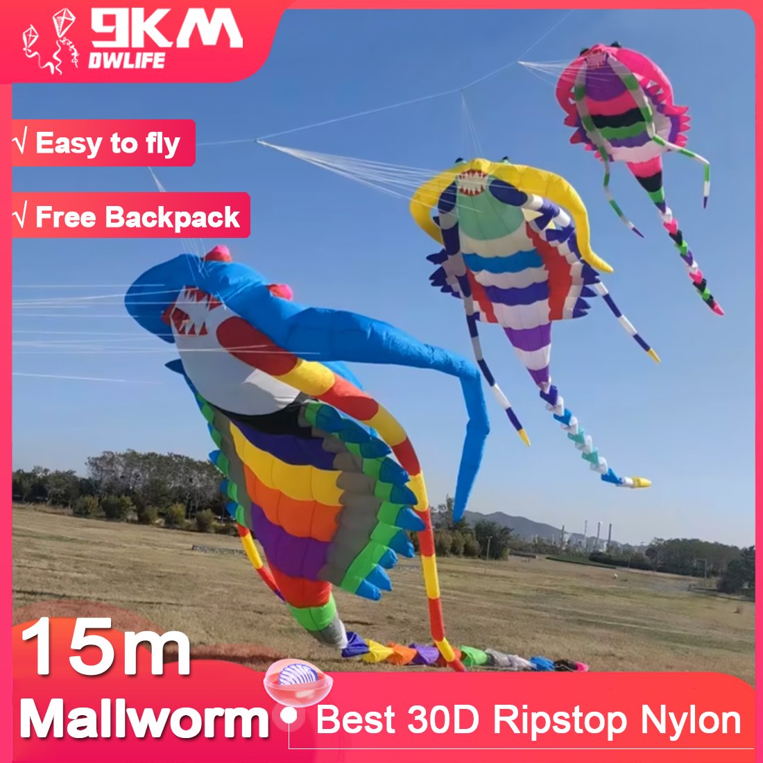 9KM 15M Mallworm Kite Line Laundry Kite Soft Inflatable 30D Ripstop Nylon for Kite Festival with Bag  (Accept wholesale)