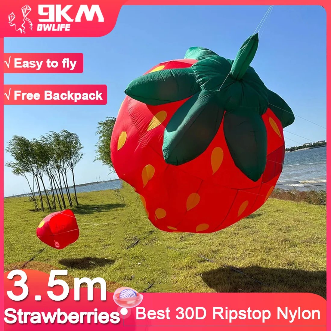 9KM 3.5m Strawberries Kite Line Laundry Kite Soft Inflatable 30D Ripstop Nylon