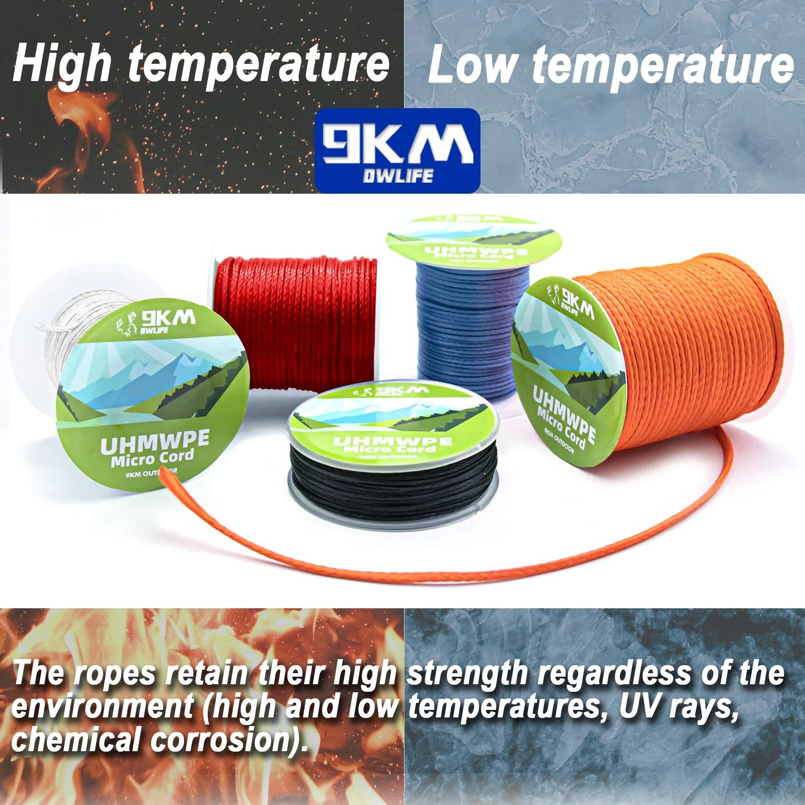 9KM UHMWPE Cord 0.8~1.6mm Hollow Braided Rope Hammock Tarp Tent Rope Kite Line Fishing Climbing Camping Kayak Sailboat 100~750lb