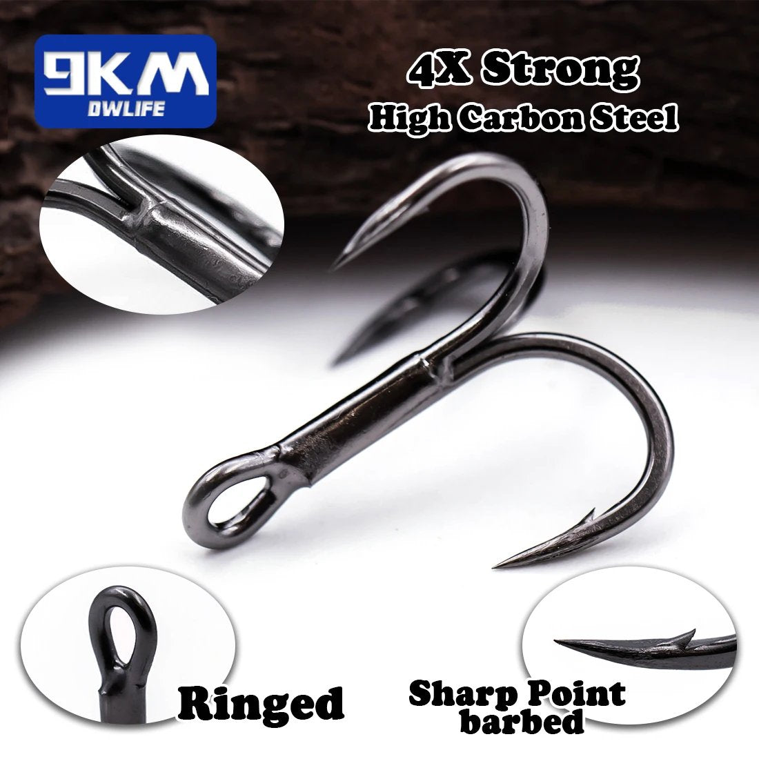 9KM 4X Fishing Treble Hooks 25~100Pcs High Carbon Steel Brabed Sharp Replacement Fishing Hooks 