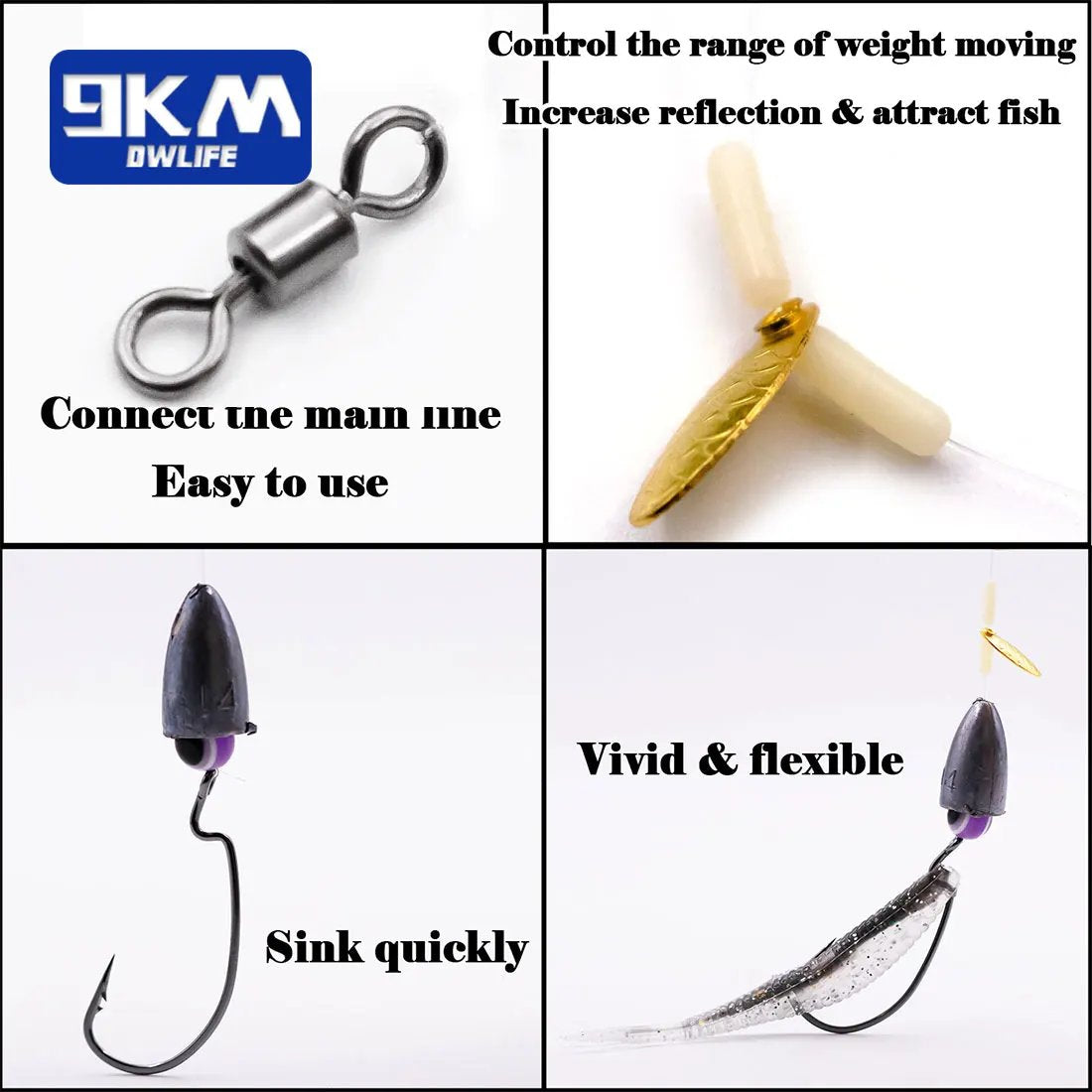 9KM Texas Rig Hooks for Bass Fishing EWG Worm Hooks with Fishing Bullet Weights Sinkers for Freshwater Saltwater Swivel Kit 5Pcs