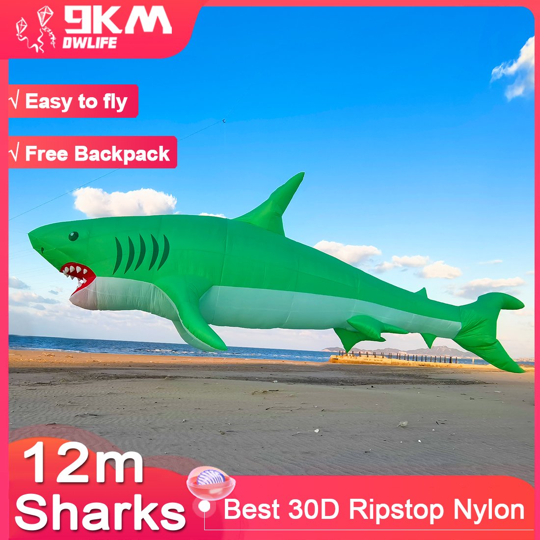 9KM 12m Shark kite Line Laundry Pendant Soft Inflatable Show Kite for Kite Festival 30D Ripstop Nylon Fabric (Accept wholesale)