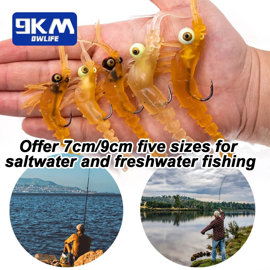 9KM Soft Shrimp Lures 7~8.5g Bass Lures Saltwater Shrimp Bait Swimbait for Slow Sinking Bass Trout Crappie Lure Sharp Hook 7~9cm