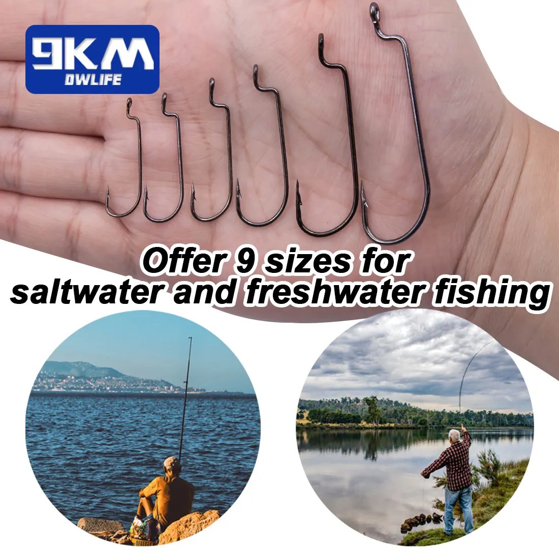 9KM Fishing Offset Worm Hooks 50~200Pcs High Carbon Steel EWG Hooks for Bass Fishing Worm Hooks Wide Gap Barbed Shank Saltwater