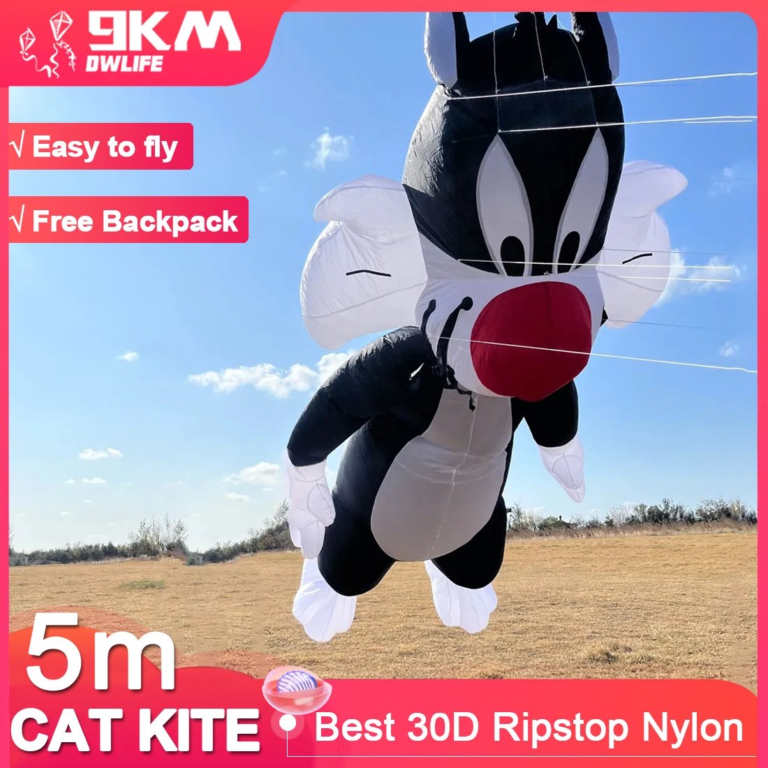 9KM 5m Black Cat Kite Line Laundry Kite Pendant Soft Inflatable Show Kite