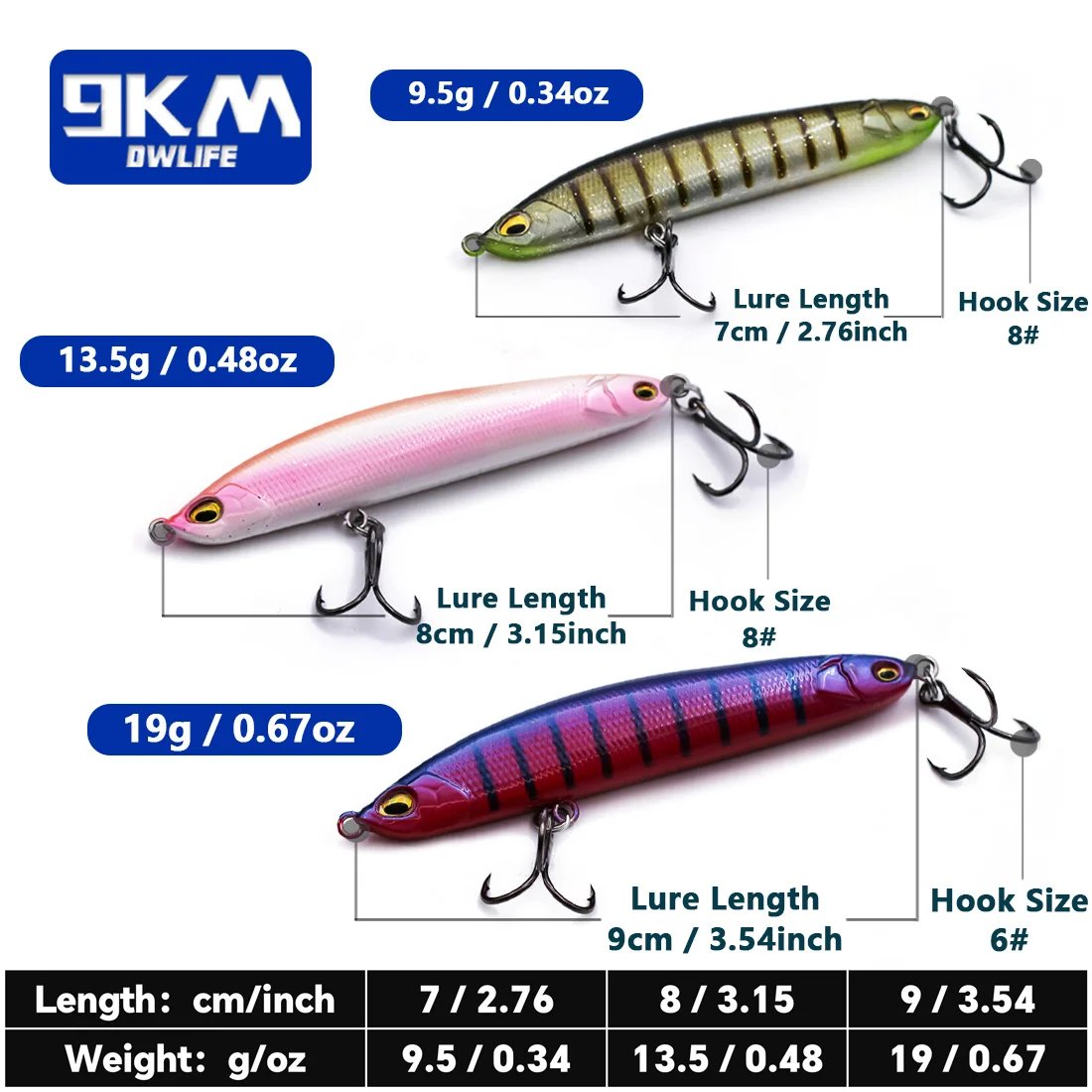 Slow Sinking Pencil Lures 9.5~19g Saltwater Fishing Lures Hard Fishing Bait with Treble Hooks