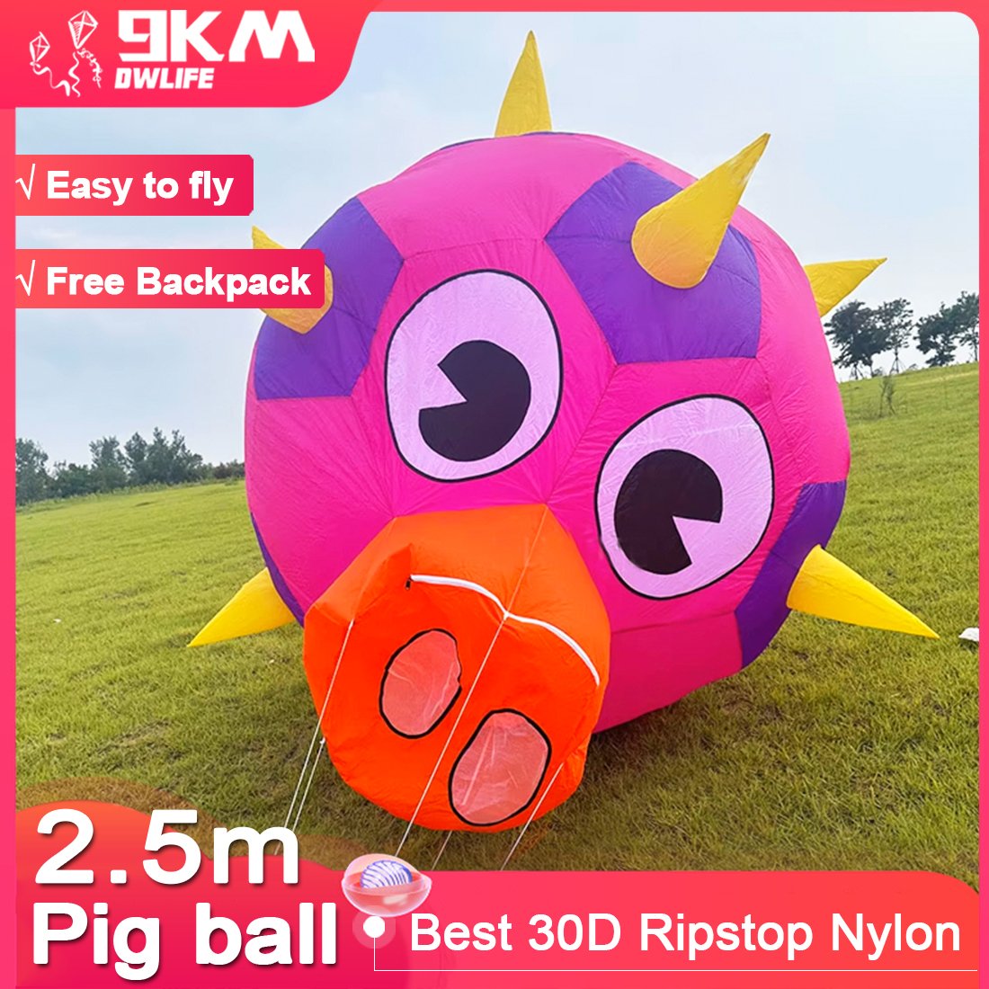 9KM 2.5m Pig Ball Kite Line Laundry Kite Soft Inflatable Show Kite Pendant 30D Ripstop Nylon with Bag for Kite Festival