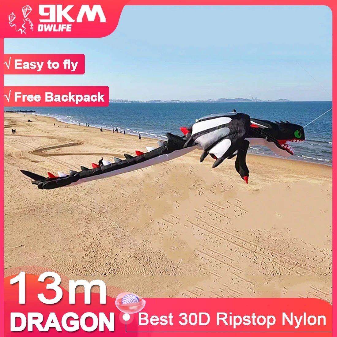 9KM 12m Black Dragon Kite Line Laundry Kite Soft Inflatable 30D Ripstop Nylon