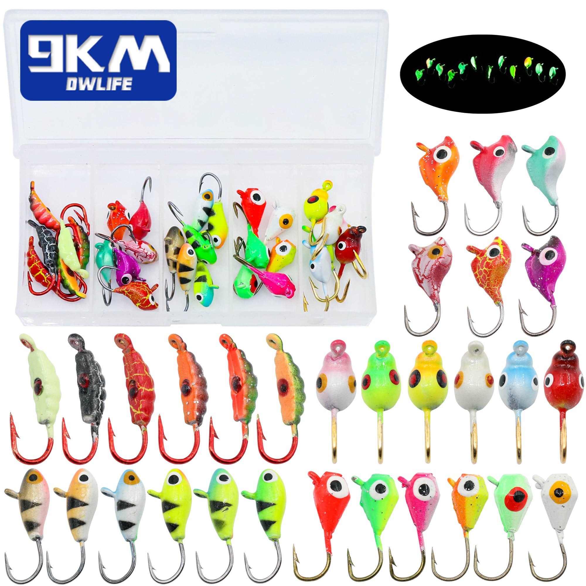 9KM 8Pcs~60Pcs Ice Fishing Jig Set Ice Fishing Lures Micro Jig Head Hook Kit with Box for Freshwater & Saltwater