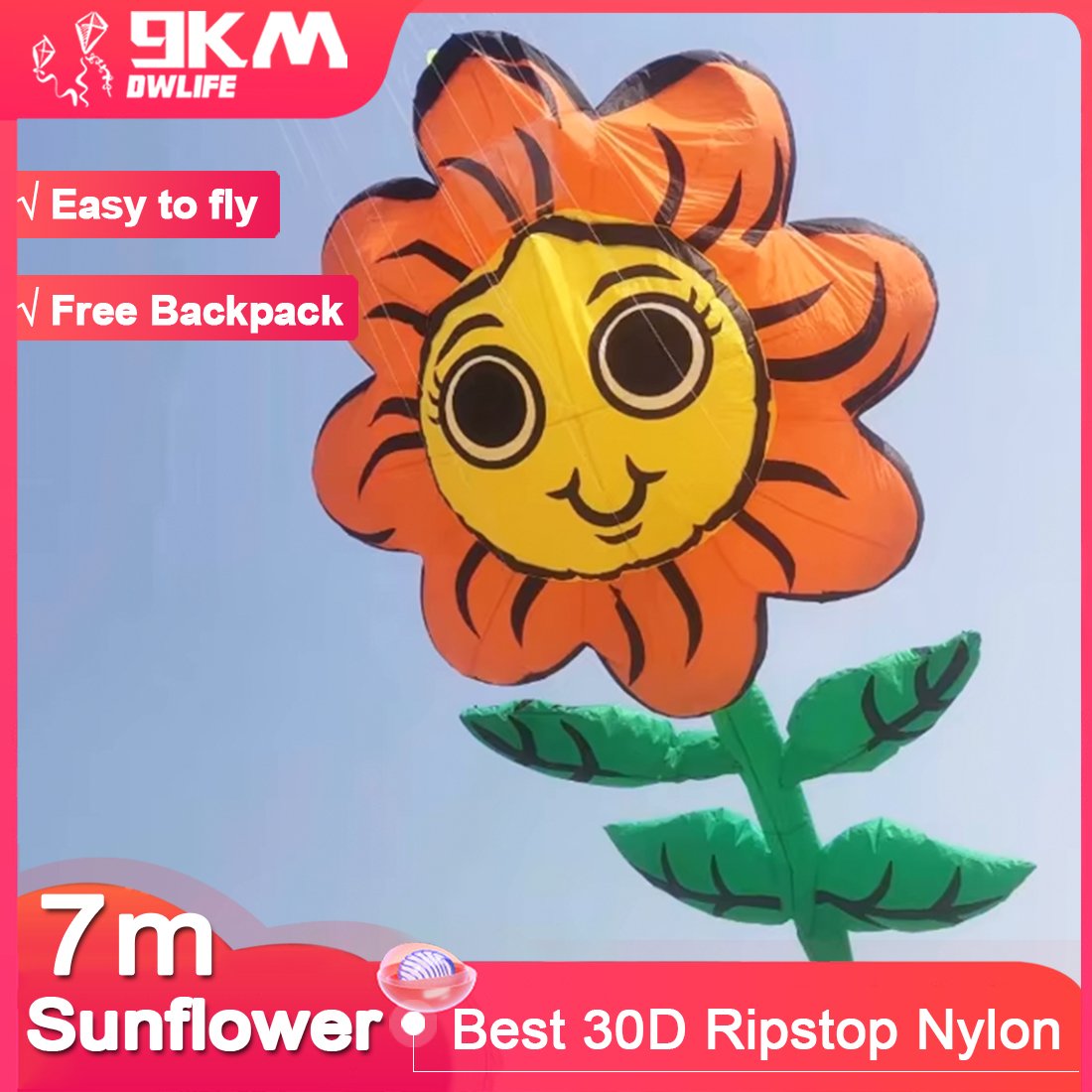 9KM 7m Sunflower Kite Line Laundry Pendant Soft Inflatable Show Kite for Kite Festival 30D Ripstop Nylon Fabric with Bag