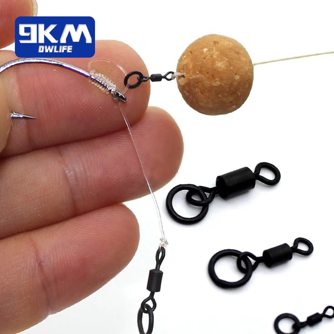 9KM Carp Fishing Swivel 30~60Pcs Quick Change Rolling Swivel With Ring Matt Black Micro Hook Ring Link Ring Carp Fishing Tackle