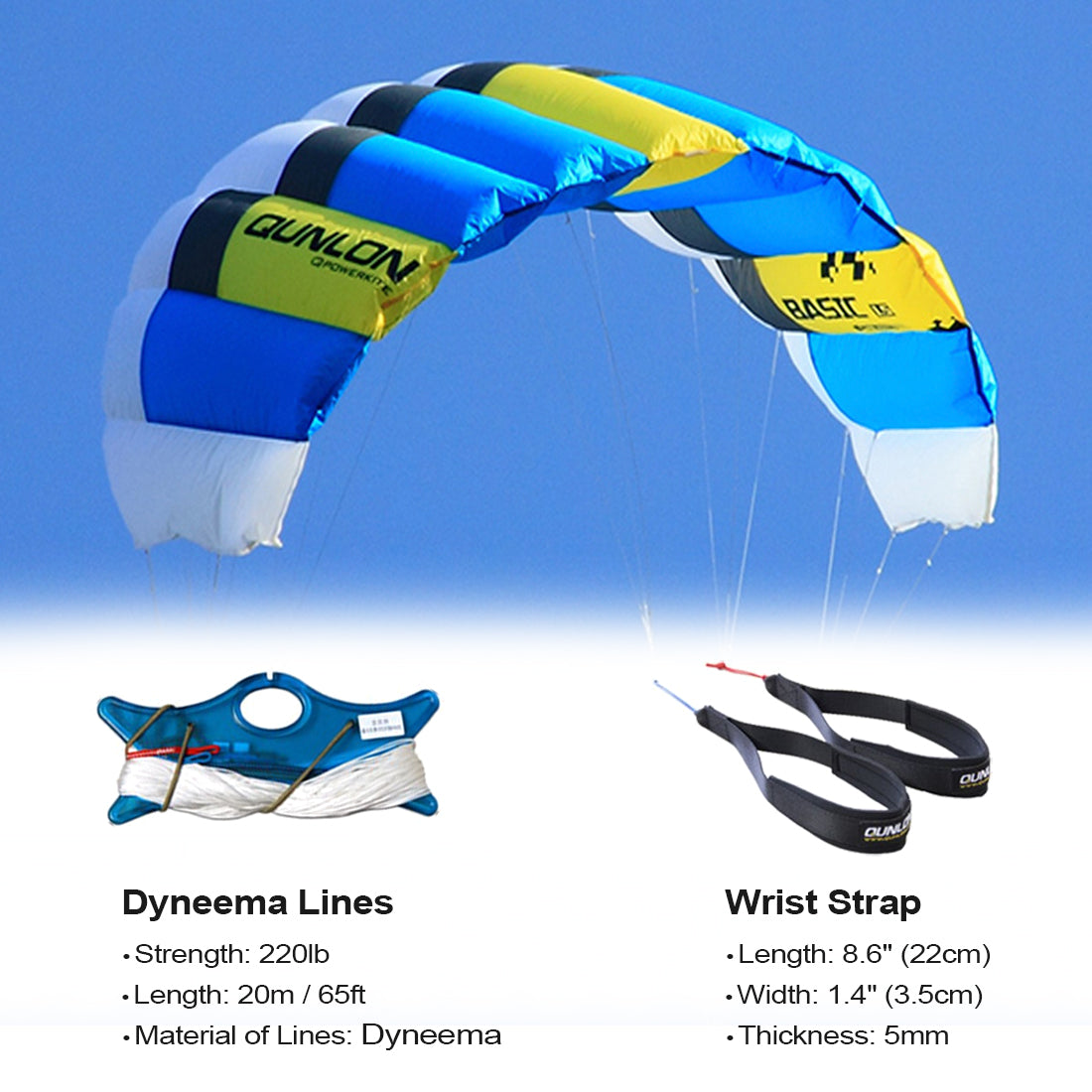 1sqm Power Traction Kites 2 x 20m x 220lb Flying Lines + Kite Wrist Strap + Bag