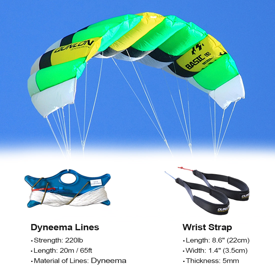 1.5sqm Power Traction Kites 2 x 20m x 220lb Flying Lines + Kite Wrist Strap + Bag