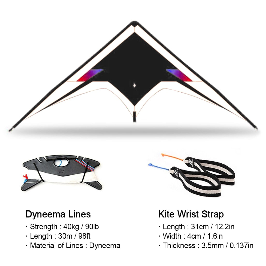 Freilein Stunt Kite 2.4m Professional 2 Line Acrobatic Kite Ripstop Icarex PC31 Wrist Strap + 2 x 30m x 90lb Flying Lines + Bag